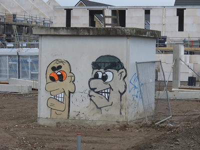 851457 Afbeelding van twee graffitikoppen op een hoogspanningshuisje op een bouwterrein aan de Hermelijnvlinderdijk in ...